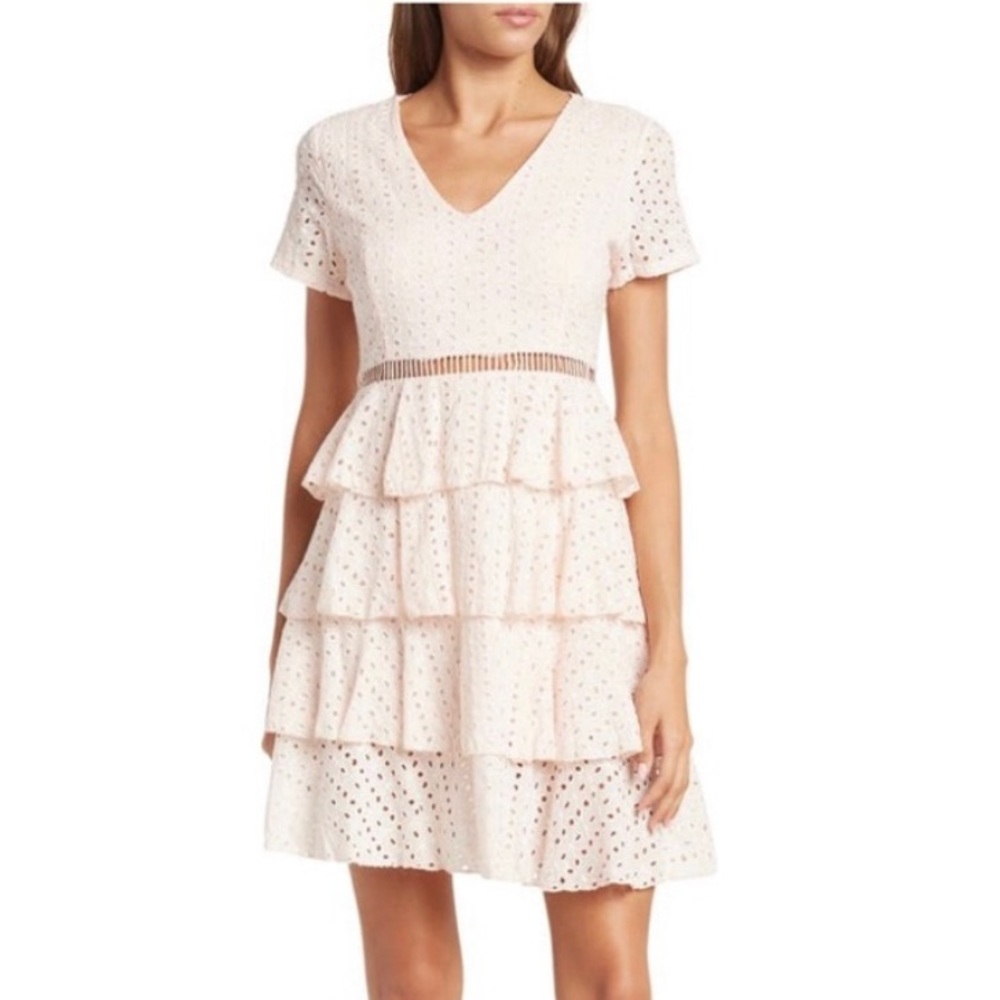 Stellah Tiered Eyelet Dress Deep V-Neck Mini Pink Size L New with Tag